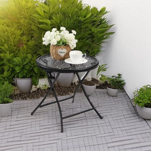 TeoKJ Folding Outdoor Side Tables, Anti Rust Small Patio Table Round Metal Nightstand with Flower Cutouts for Porch Yard Balcony Deck Lawn, Black