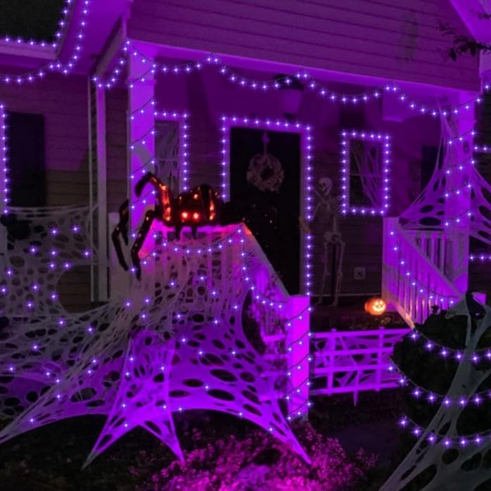 YEGUO Purple Halloween Lights Outdoor Waterproof, 4 Pack Each 33ft 100 LED Solar Fairy Lights, 8 Modes String Light for Outside