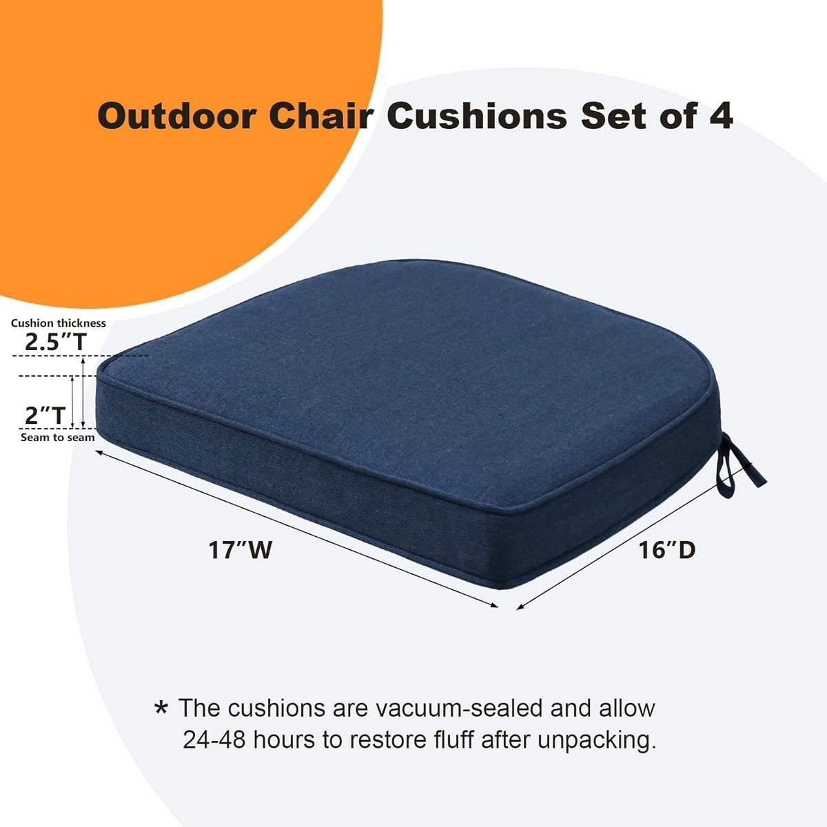 Sunbrella Round Corner Seat Cushions, 17" x 16" x 2", Set of 4, Indoor Outdoor Water Repellent Universal Chair Pads with Ties for Patio Furniture, Garden Dining Chairs, Specrtum Indigo