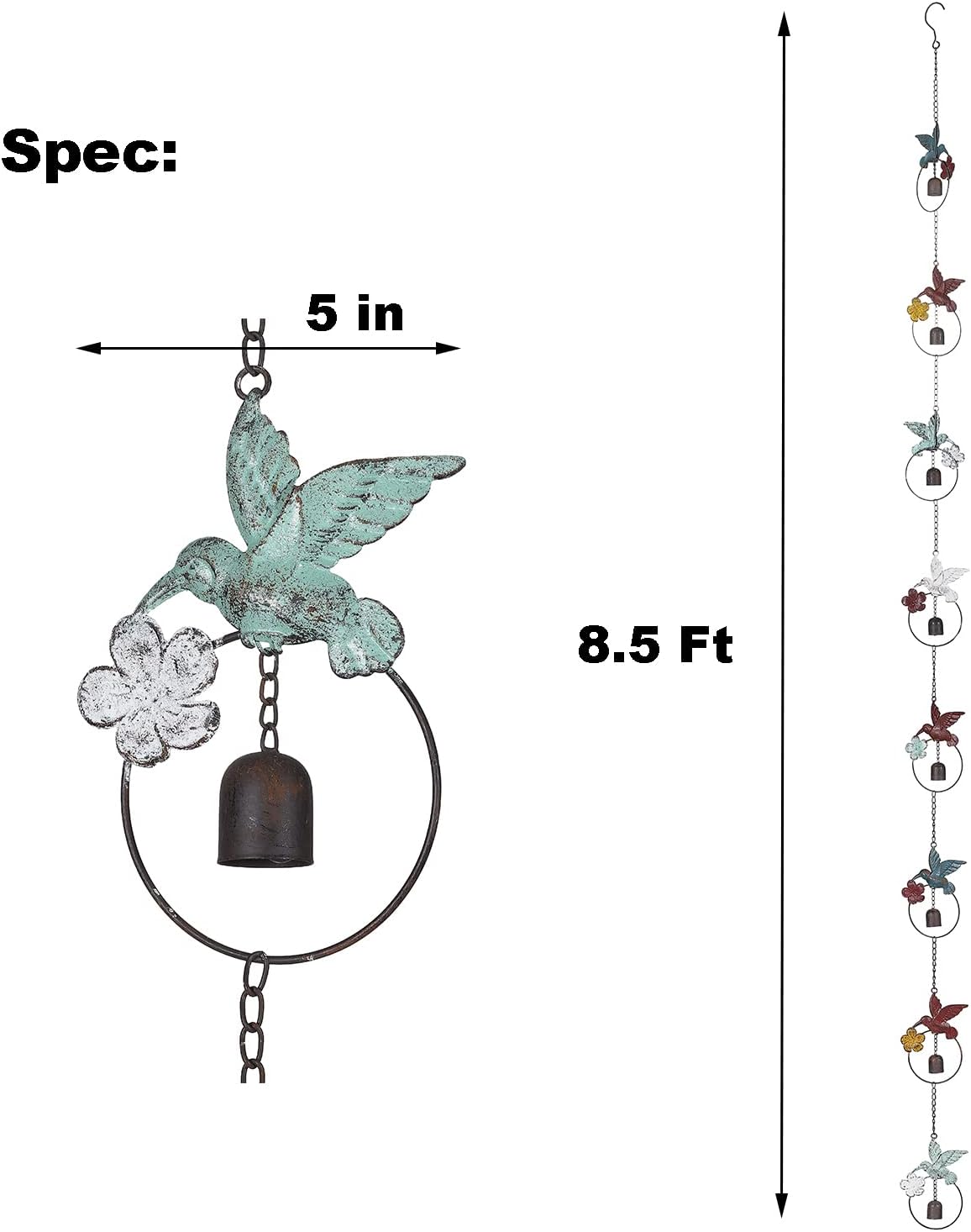 Jemeni 8.5' Length Flamed Hummingbird and Bell Rain Chain, Hanging Outdoor Garden Ornament, Colorful……