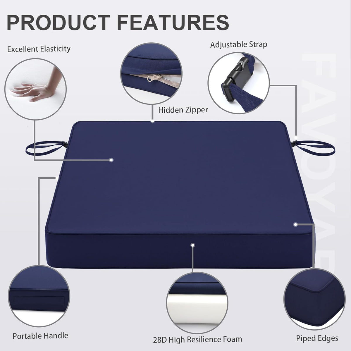 Favoyard Patio Chair Cushions 18.5 x 16 x 3 Inch Waterproof Outdoor Seat Cushions for Patio Furniture 3-Year Color Fastness Garden Sofa Couch Pads with Handle & Adjustable Straps Set of 2, Blue