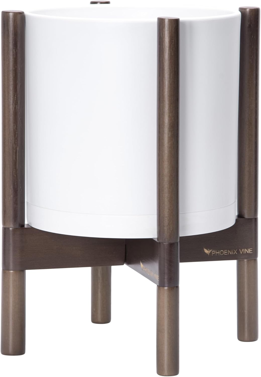 D'vine Dev Planter Pot with Stand - 10 Inch Plastic Cylinder Flower Pot with Wood Planter Holder for Indoor, Matte White Pot + Walnut Color Stand, 55-C-L-1