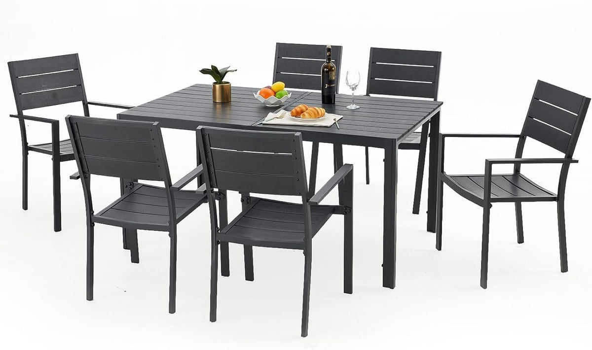 AECOJOY 60" Outdoor Dining Table, Aluminum Patio Table with Wood-Plastic Composite Tabletop,6 Seater Dining Table for Backyard Garden