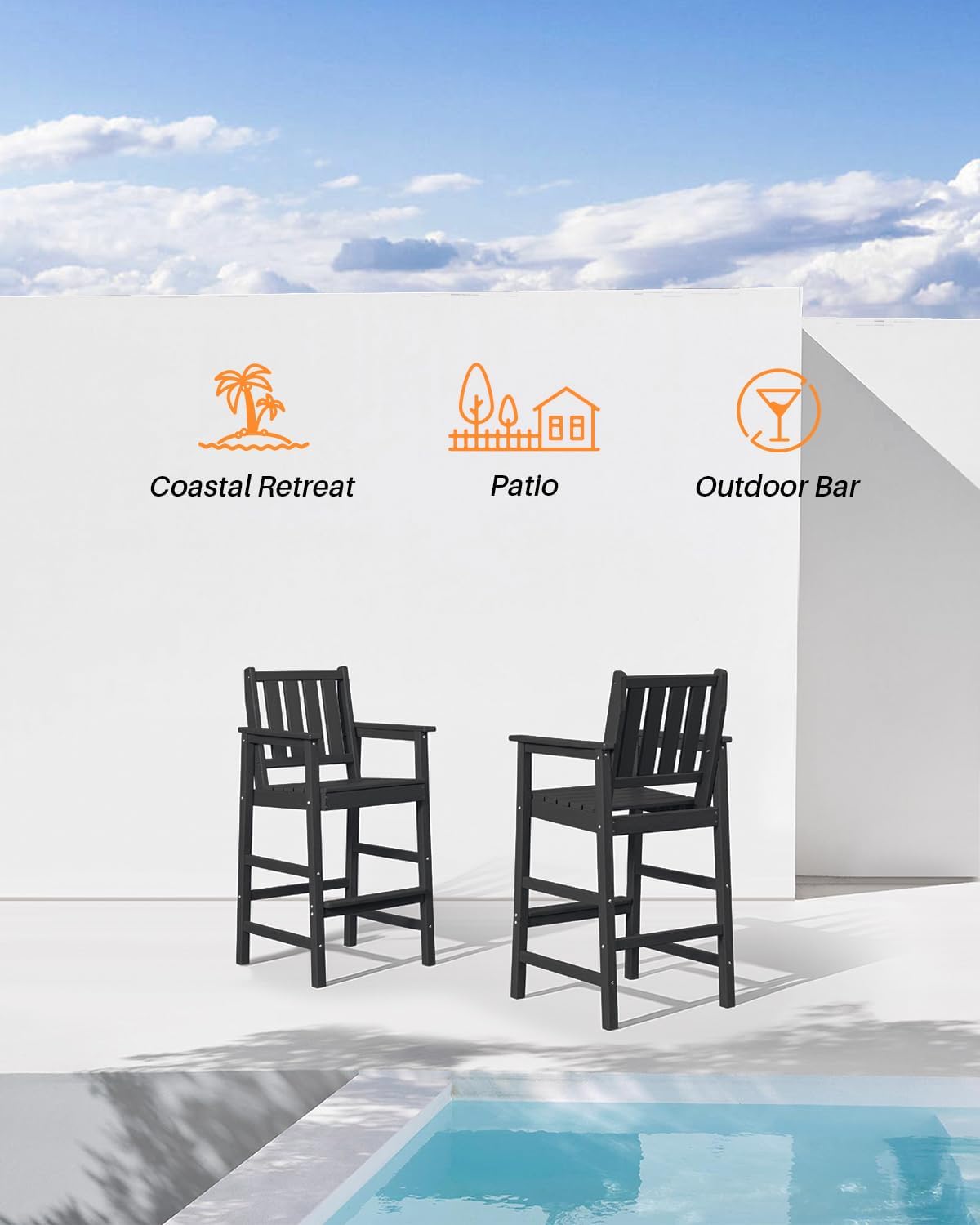 3 Pieces HDPE Outdoor Bar Table and Chairs Set, Tall Adirondack Chairs Set of 2 with Rectangular Bar Table, Patio Bar Stools Set, HDPE Outdoor Patio Bar Set for Balcony, Porch, Deck, Obsidian