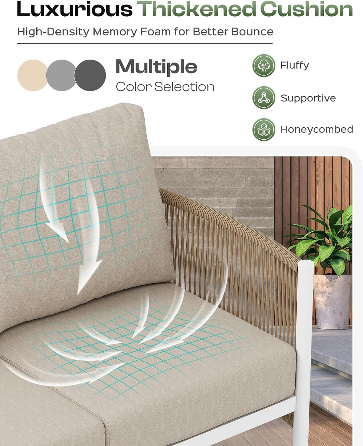 Aluminum Outdoor Patio Furniture Set, HDPE Rope 4 Piece Modern Sectional Conversation Sets with Dual-Layer Coffee Table, All Weather Patio Couch Set with Thick Cushions, White Frame, Ivory
