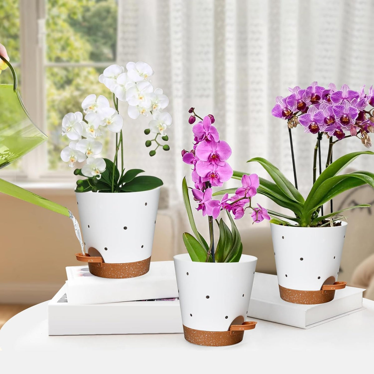 Orchid Pots with Holes, 6 Inch Self Watering Orchid Pot 2 Pack Plastic Plant Pots for Orchid, Flower (White+Brown)