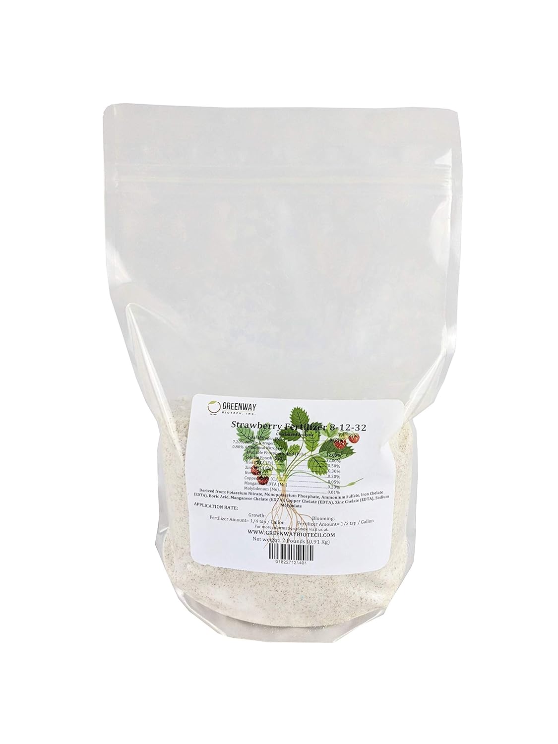 Greenway Biotech Strawberry 8-12-32 Fertilizer Powder 100% Water Soluble Plus Trace Minerals- Includes Essential Chelated Micronutrients for Tasty Fruits (1 Pound 200 Gallons)