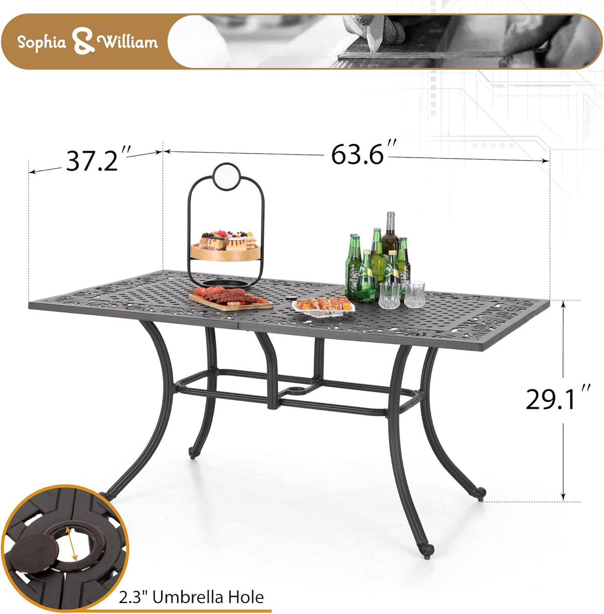 Sophia & William 6-Person Rectangular Cast Aluminium Outdoor Dining Table, Patio Bistro Table with 2.3" Umbrella Hole for Porch Backyard, Bronze