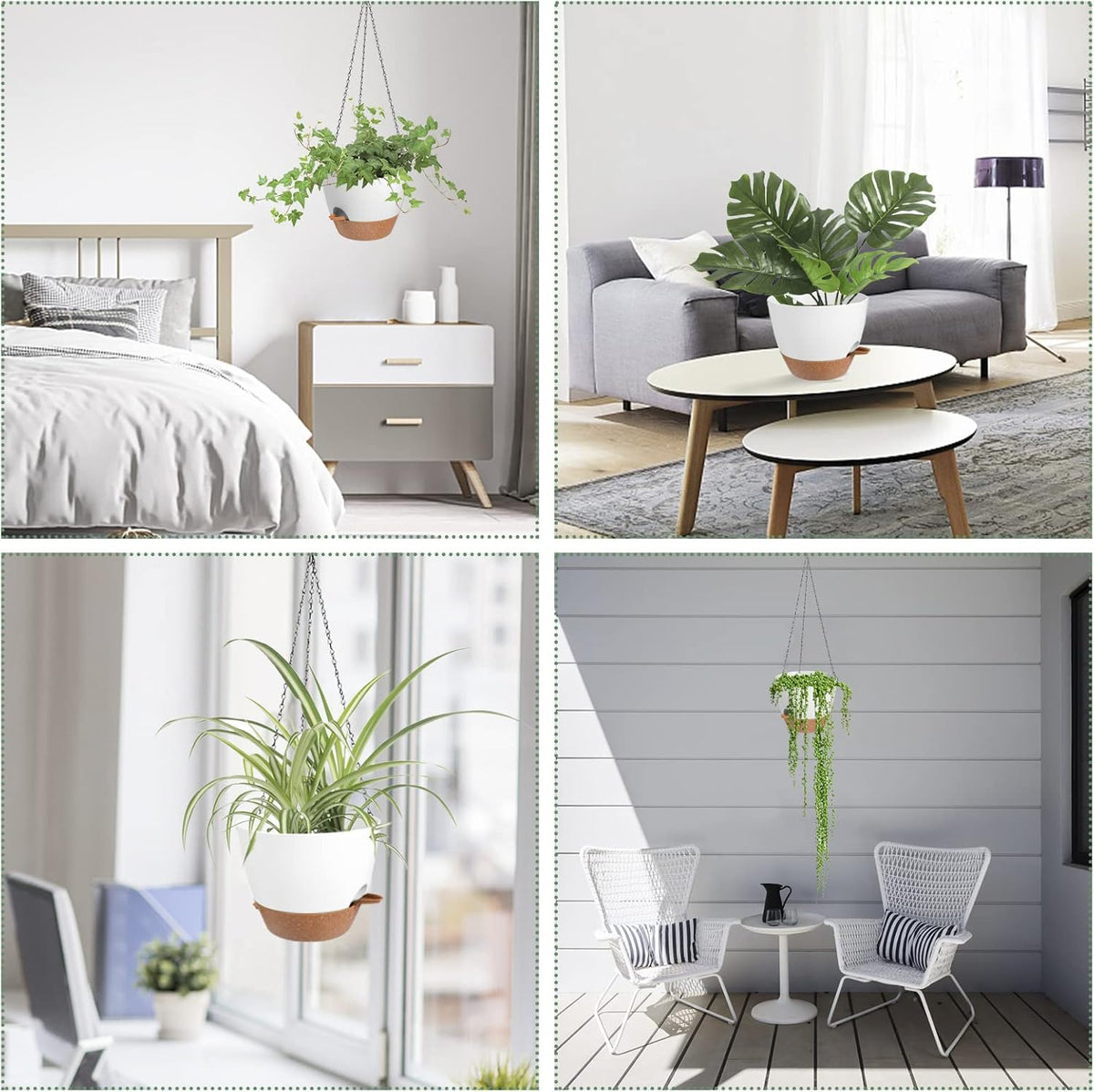 Hanging Planters for Indoor Outdoor Plants, 2 Pack Self Watering Hanging Pot with Drainage Holes & Removable Tray (White, 10'')