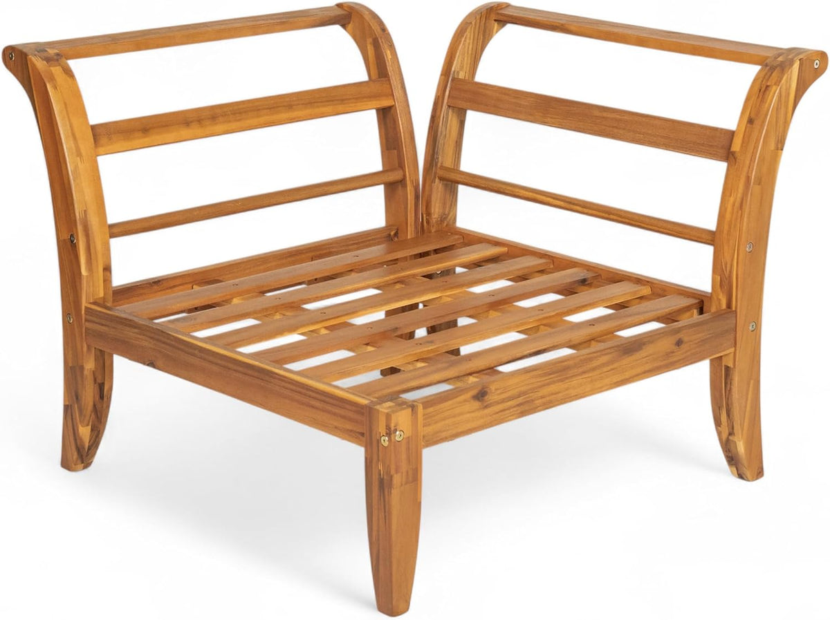 6 Piece Acacia Wood Patio Sofa Set, Outdoor Modular Sectional Garden Furniture Set with Tea Table, Ottoman, 5 Cushions and Pillows, L-Shaped Conversation Daybed for Patios, Poolsides, Gardens