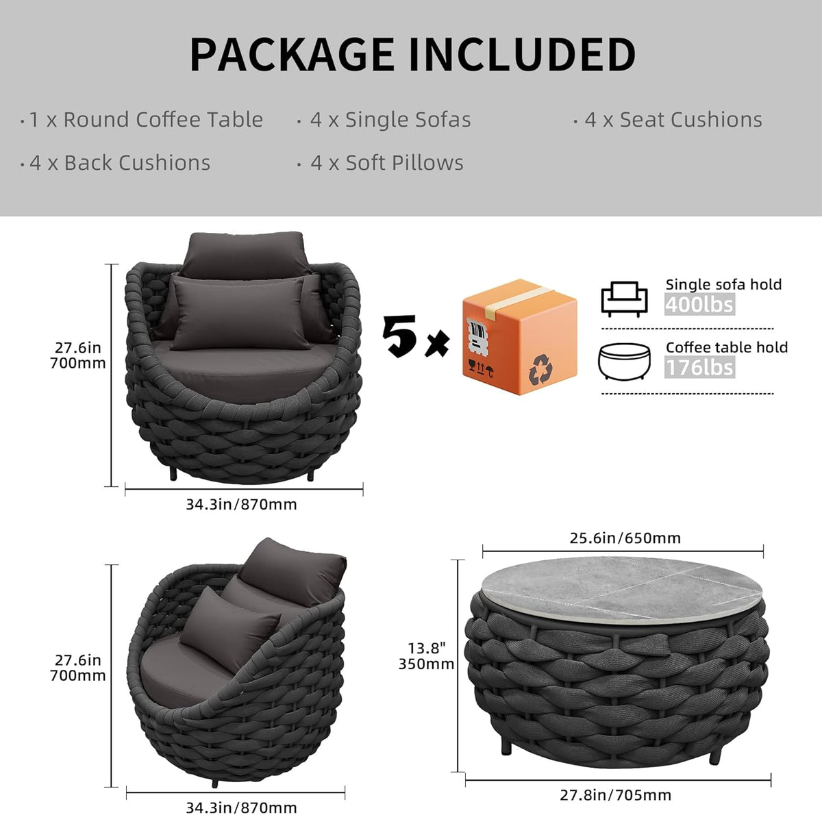 TWT Aluminum Outdoor Patio Furniture Set, 4 Pcs Textilene Armchairs Modern Outdoor Conversation Set Outdoor Single Sofa with Upgrade Cushion and Coffee Table for Balcony, Dark Grey