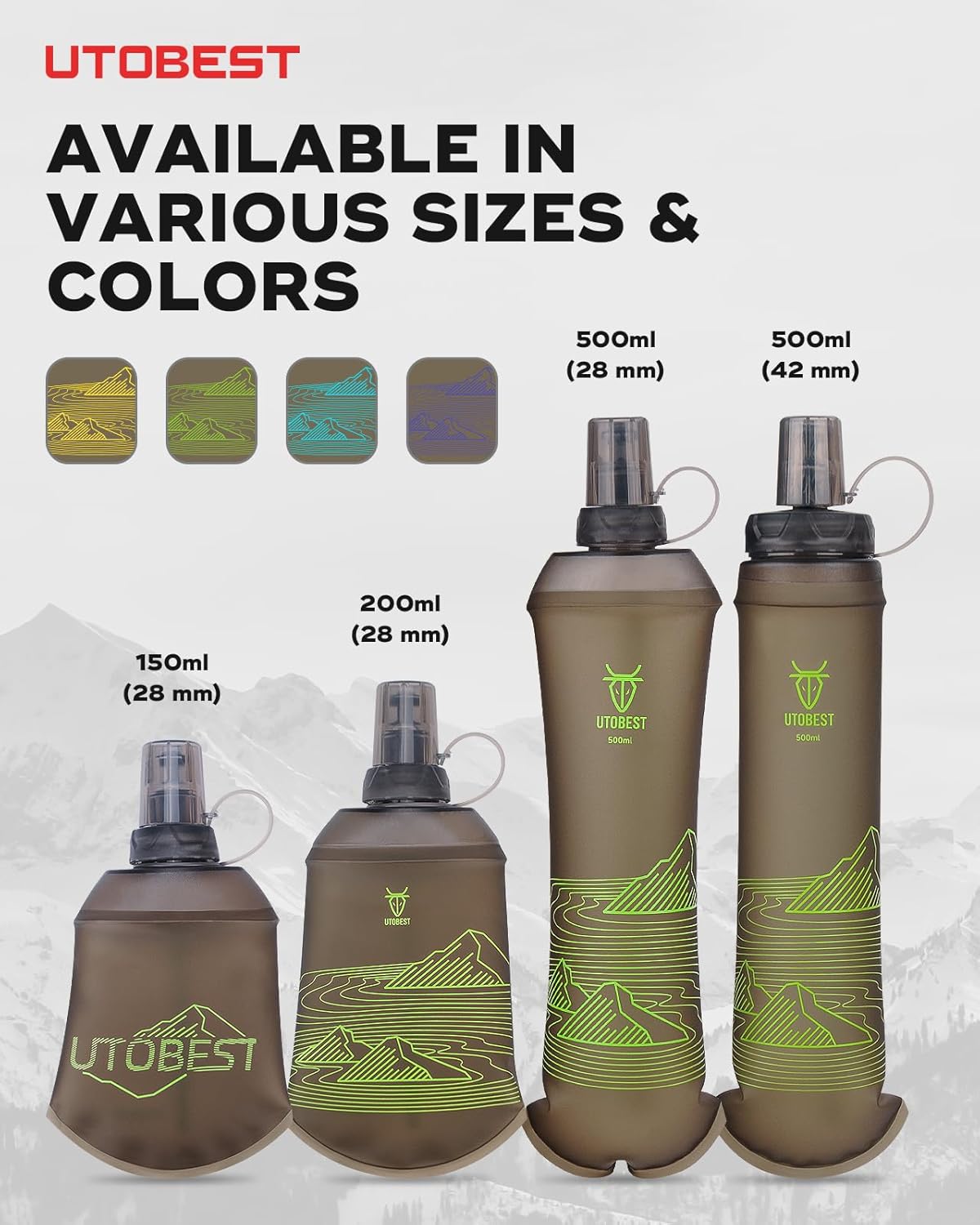 UTOBEST 500ml Soft Flask, 2 Pack Flexible TPU Hydration Water Bottle, Collapsible with 28mm Caliber for Running, Hiking, Cycling, Climbing, and Marathon Green