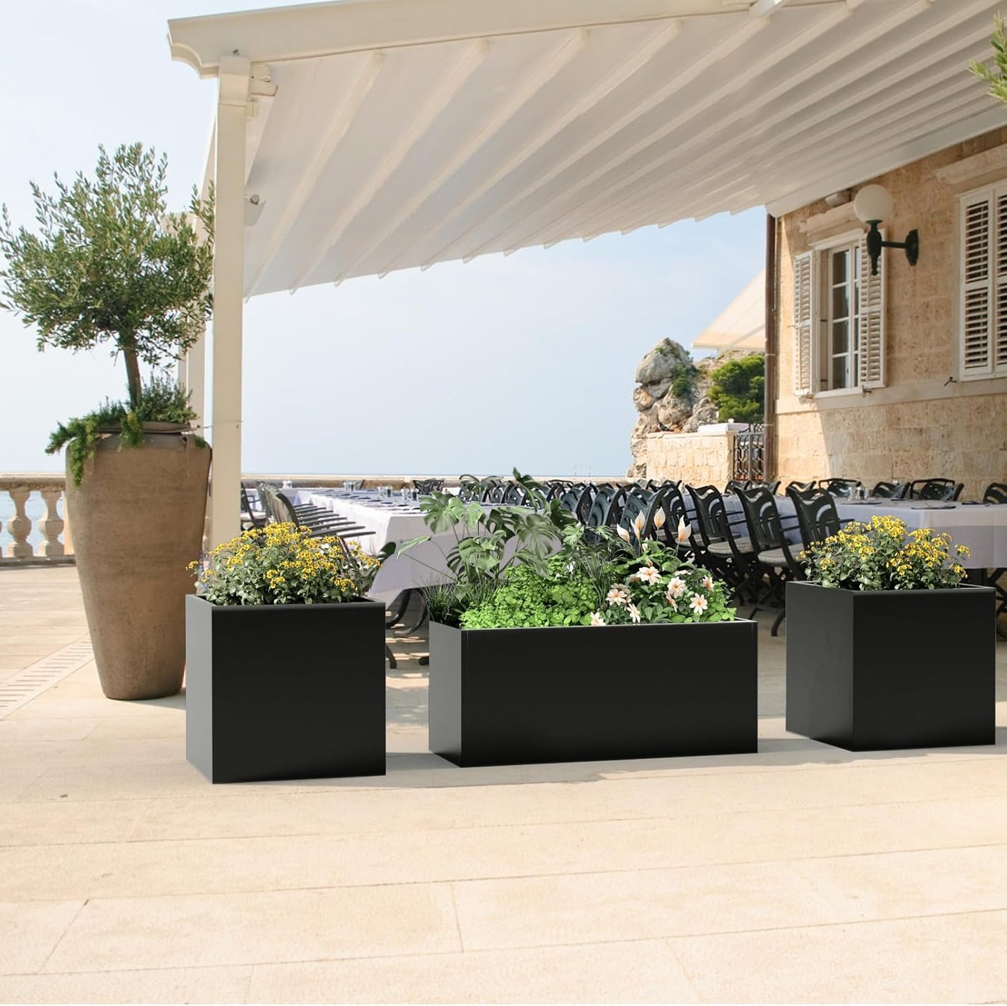 Tall Metal Planter Box for Outdoor Plants 20" L x 20" W x 20" H, Heavy Duty Steel Rectangular Planter Box with Removable Insert Shelf, Modern Décor for Outside, Indoor, Garden (Black)