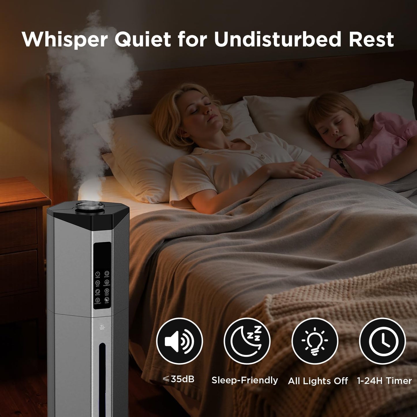 Humidifiers for Bedroom - GloryAir 2.38Gal/9L Dual Atomizers Top Fill Humidifier for Large Room 2000ft² with Auto Rotation 7-Color Light Humidistat Quiet Commercial Humidifiers for House Plants Baby