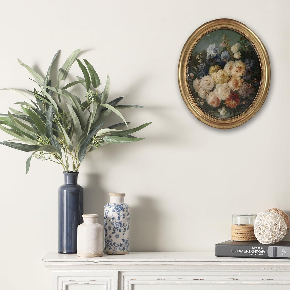 Ceramic Vintage Vases Set of 3, Blue and White Flower Decorative Vase Chinoiserie Decor Rustic Farmhouse Retro Floral Vases for Table Bookshelf Mantel Kitchen Living Room Office