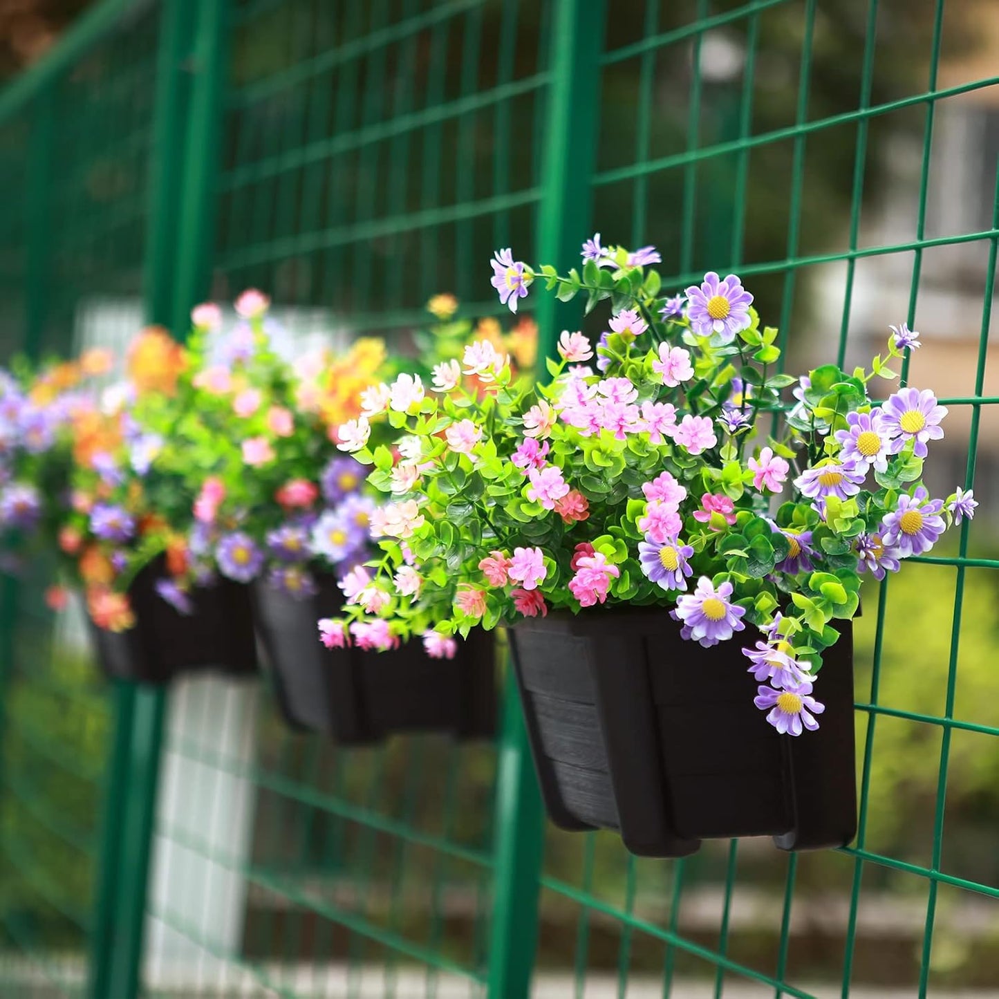 summer flower Hanging Flower Pots, 3 Pack 9.84” Wall Hanging Planters for Railing Fence Balcony, Plastic Plants Pots for Window Box Garden Outdoor Flowers Indoor Decor (Black)