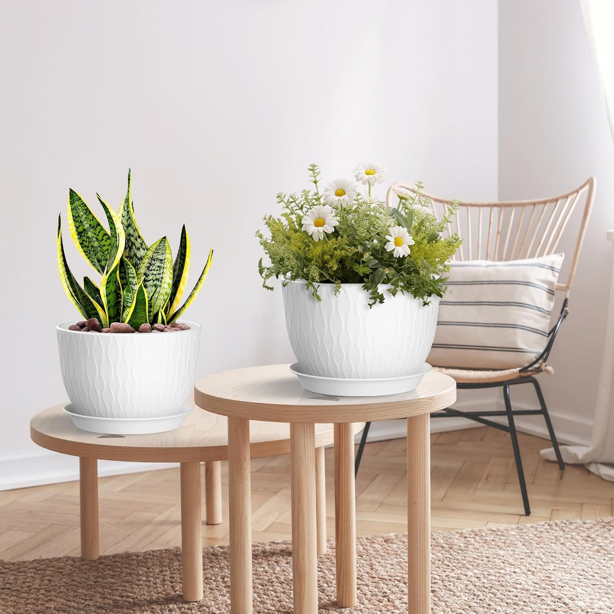 Plant Pots 12/10/9 Inch Pots, Set of 3 Plastic Planters with Drainage Holes and Saucers,Plastic Flower Pots,Nursery Planting Pot for Indoor Out Door Plants(White)