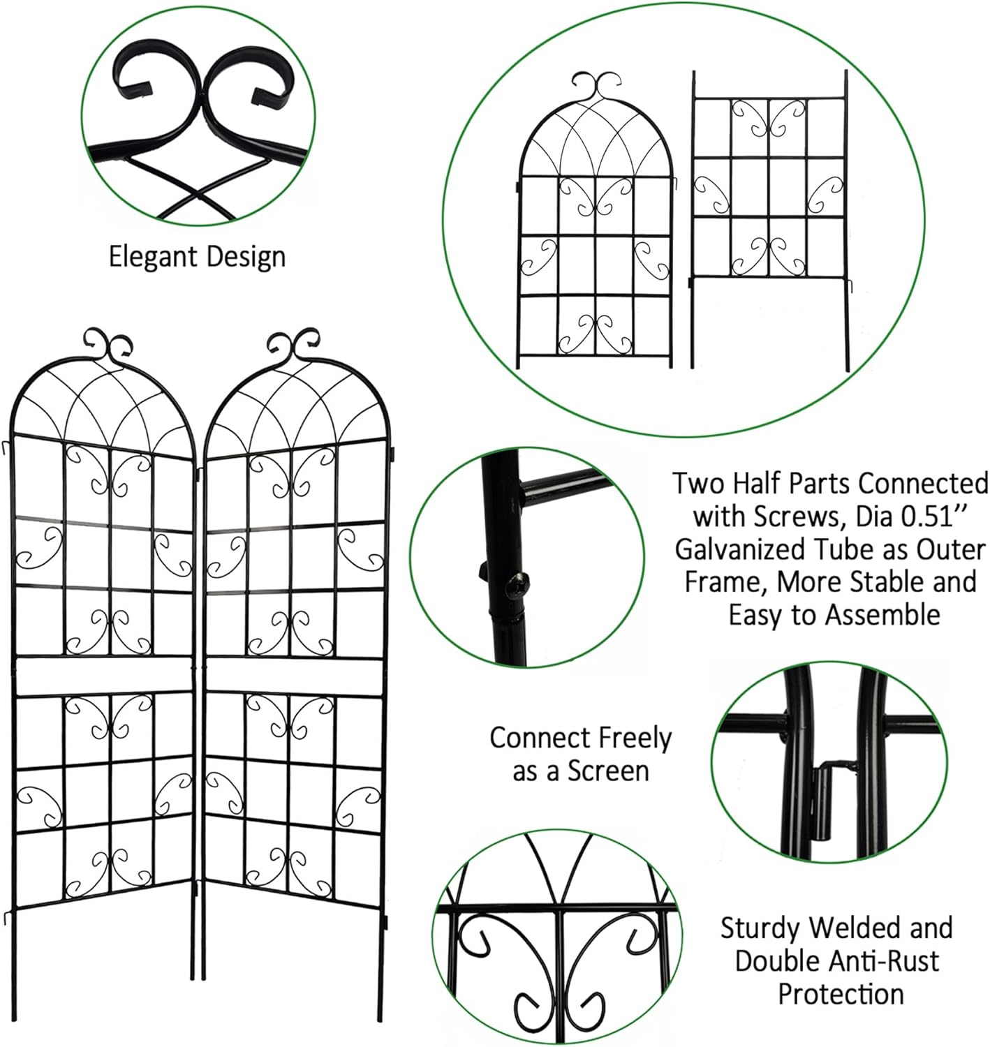 4 Pack Metal Garden Trellis 71" x 19.7" Black Fence Rustproof Garden Trellis for Climbing Plants Support Roses Flower Outdoor Lawn, Black