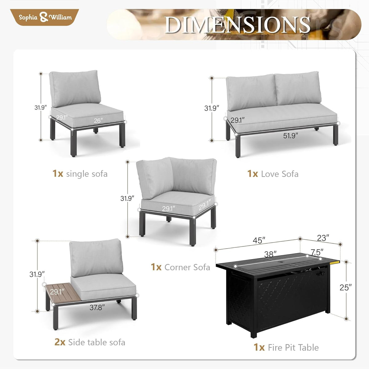 Sophia & William 6 Pieces Patio Furniture Set with 45" Fire Pit Table, Metal Outdoor Sectional Sofa Set -2 x Single Couch with Side Table,2 x Single Sofa,1 x Loveseat,1 x Propane Fire Pit