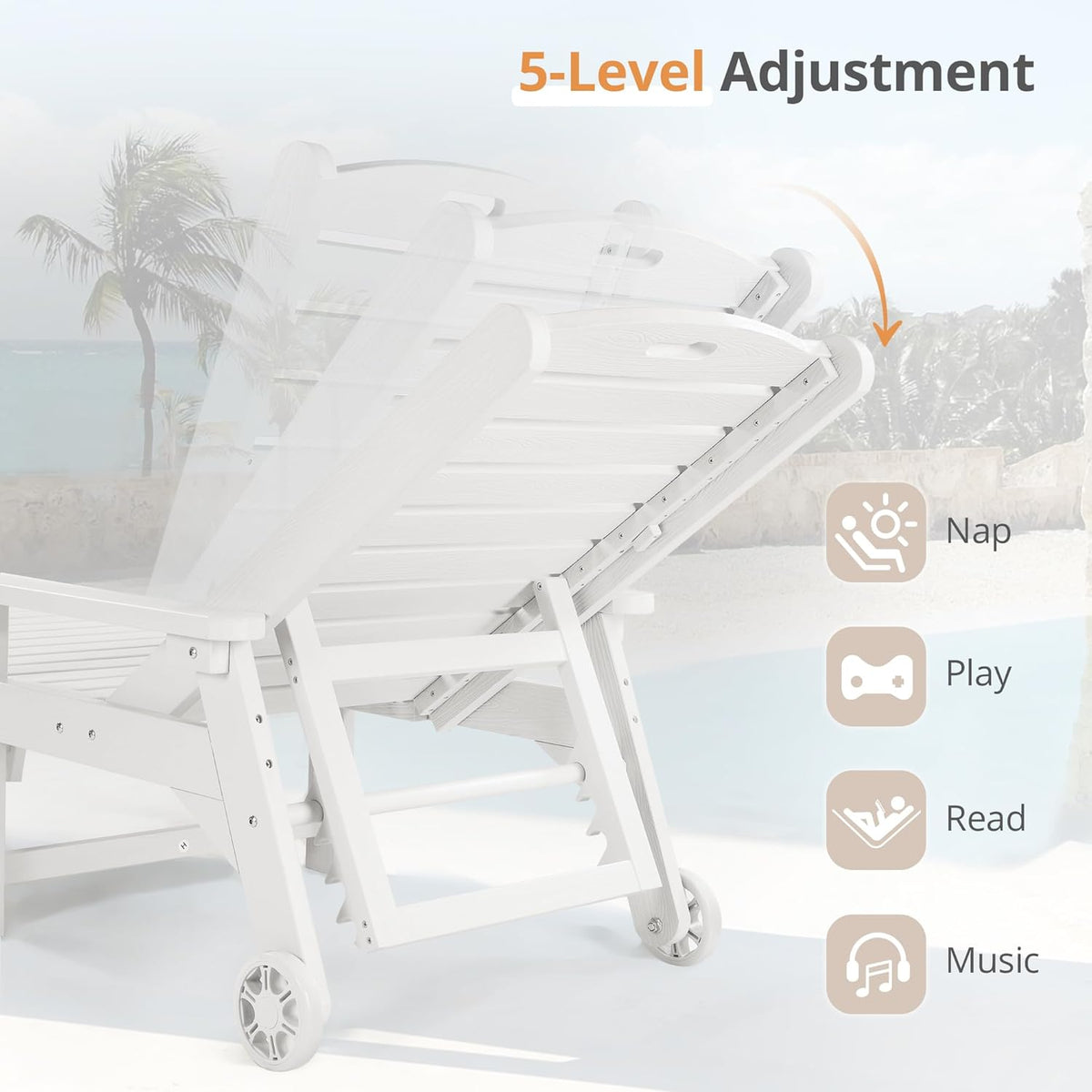 LUE BONA Chaise Lounge Chairs Set with Table, 3-Piece, 79'' Oversized HDPS Chaise Lounger, 5 Positions Adjustable Lounge Chairs, Pool Lounge Chair with Wheels for Poolside, 3 Year Warranty, White