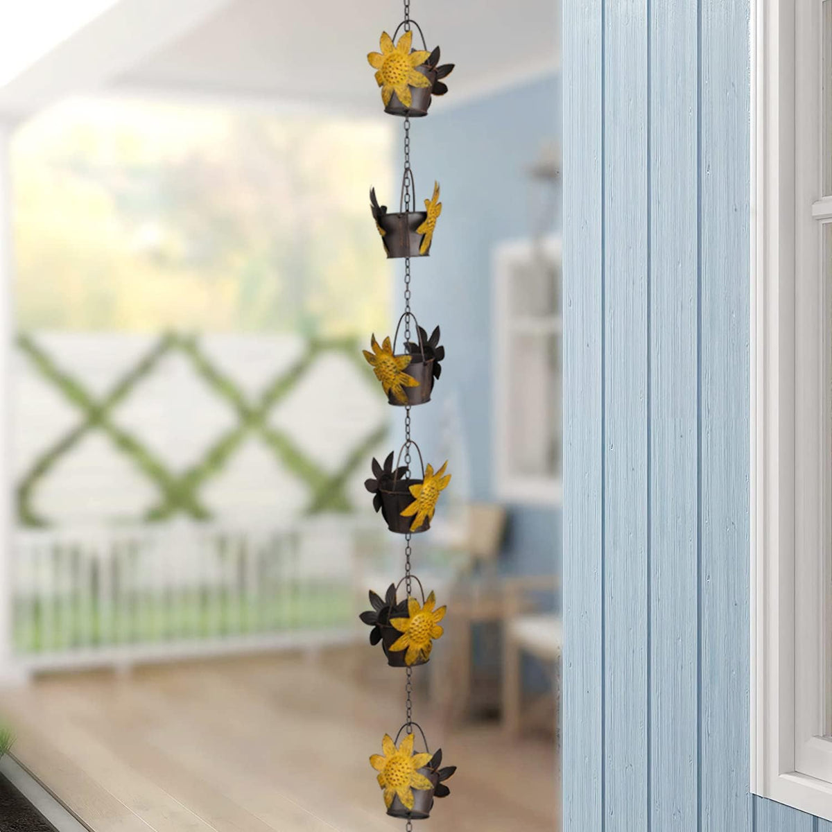 Rain Chains 8.5FT Metal Bucket Rain Chains for Gutters and Downspouts Vintage Rain Catcher Chain Sunflower Decorative Rain Chimes for Outside Rainwater Diverter Outdoor Decor for Garden Yard