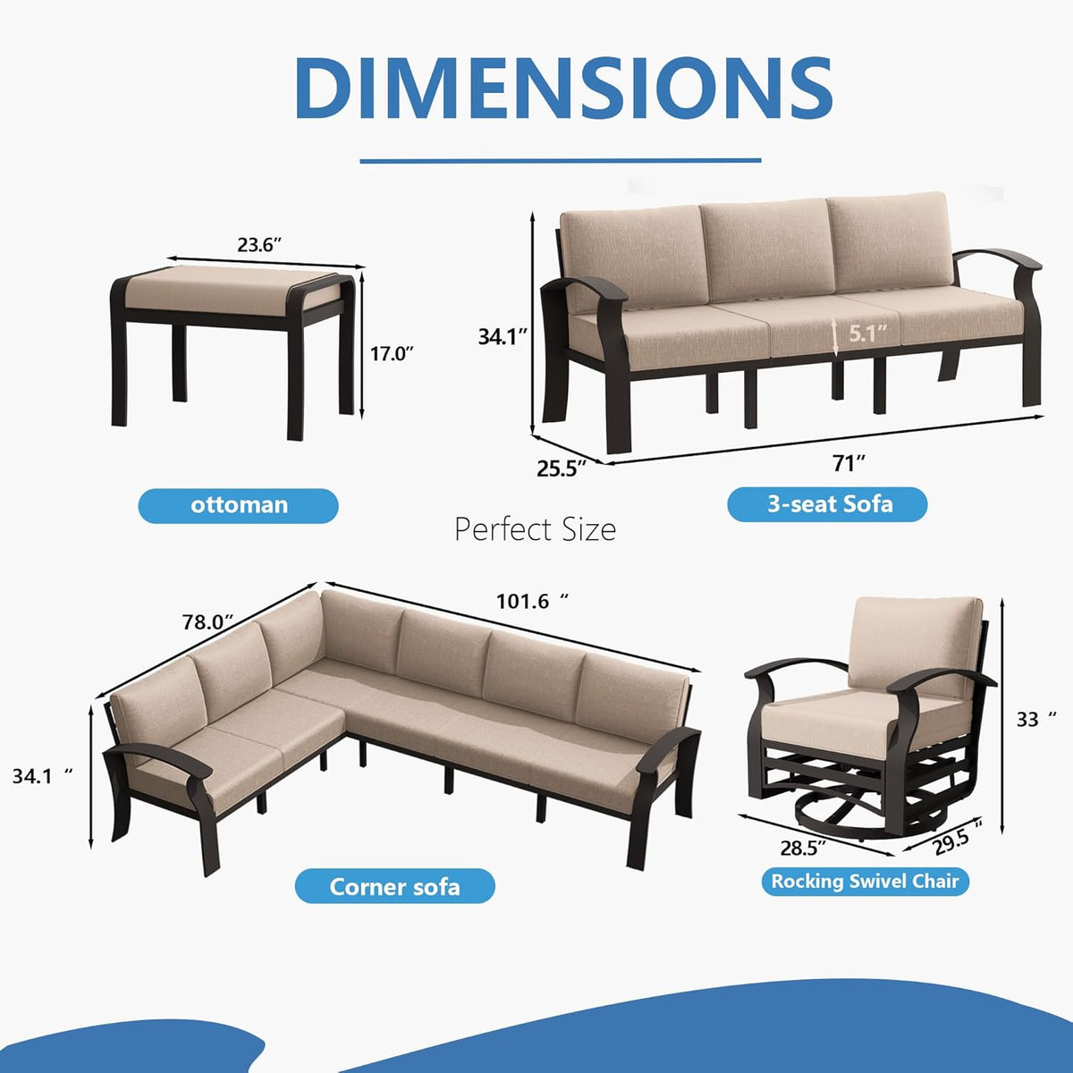 Aluminum Patio Furniture Set with Fire Pit Table, 8 Seats Outdoor Patio Conversation Set Modern Metal Patio Sectional Sofa w/5.1" Upgrade Cushions for Porch, Patio, Backyard(Sand).