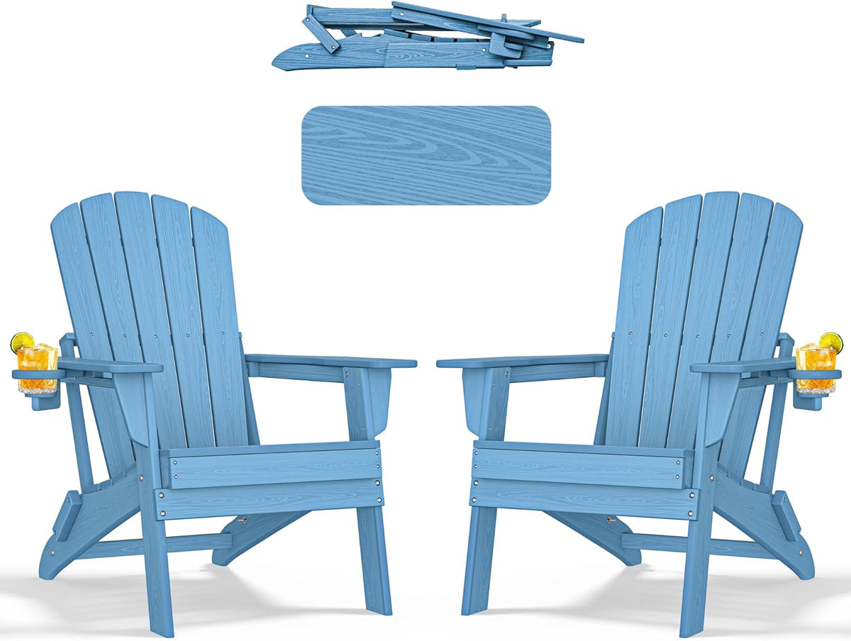 Folding Adirondack Chair with Cup Holder Set of 2,All-Weather Adirondack Chair,Patio Chair,HDPE-Wooden Textured Lawn Chair- Light Blue