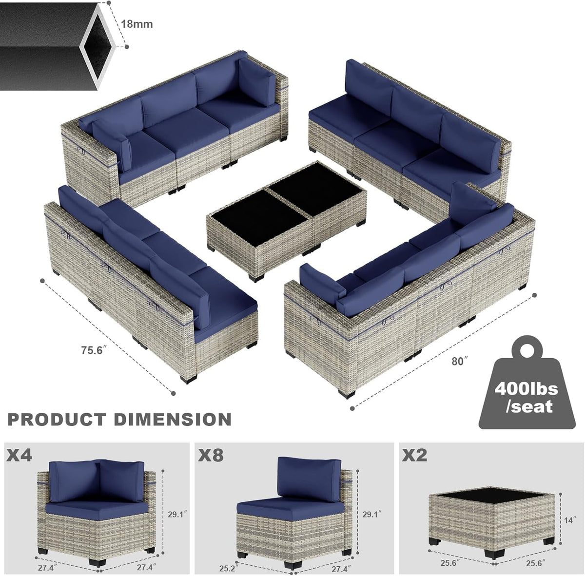 14-Piece Patio Furniture Set, Outdoor Sectional with Thick Cushions, Modular Patio Sofa, Dual-Strand Wicker Rattan, Rust-Resistant Frame, Backyard Furniture for Garden, Deck, Navy Blue