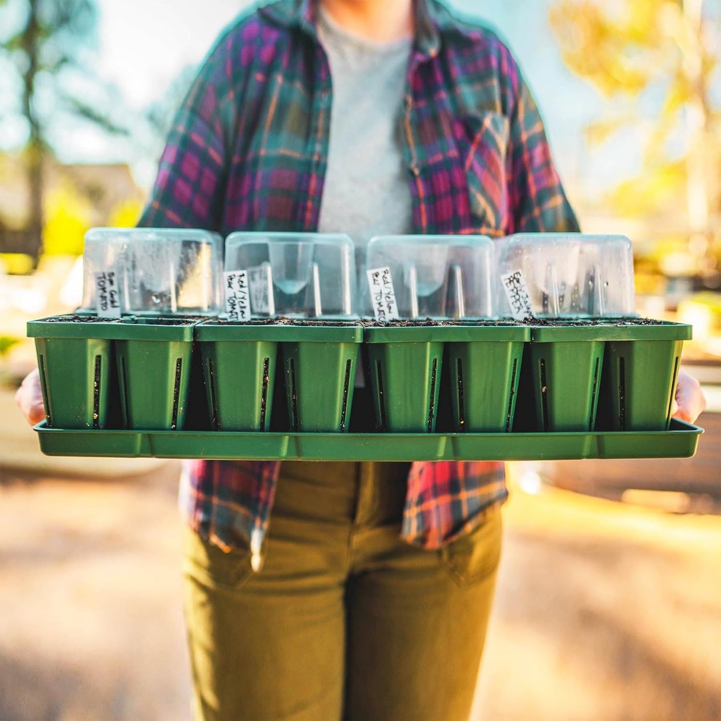 Vego garden Seedling Suite Products, 8 Pack Jumbo Seedling Trays with Seedling Tray Lids and 10" x 20" Bottom Watering Trays