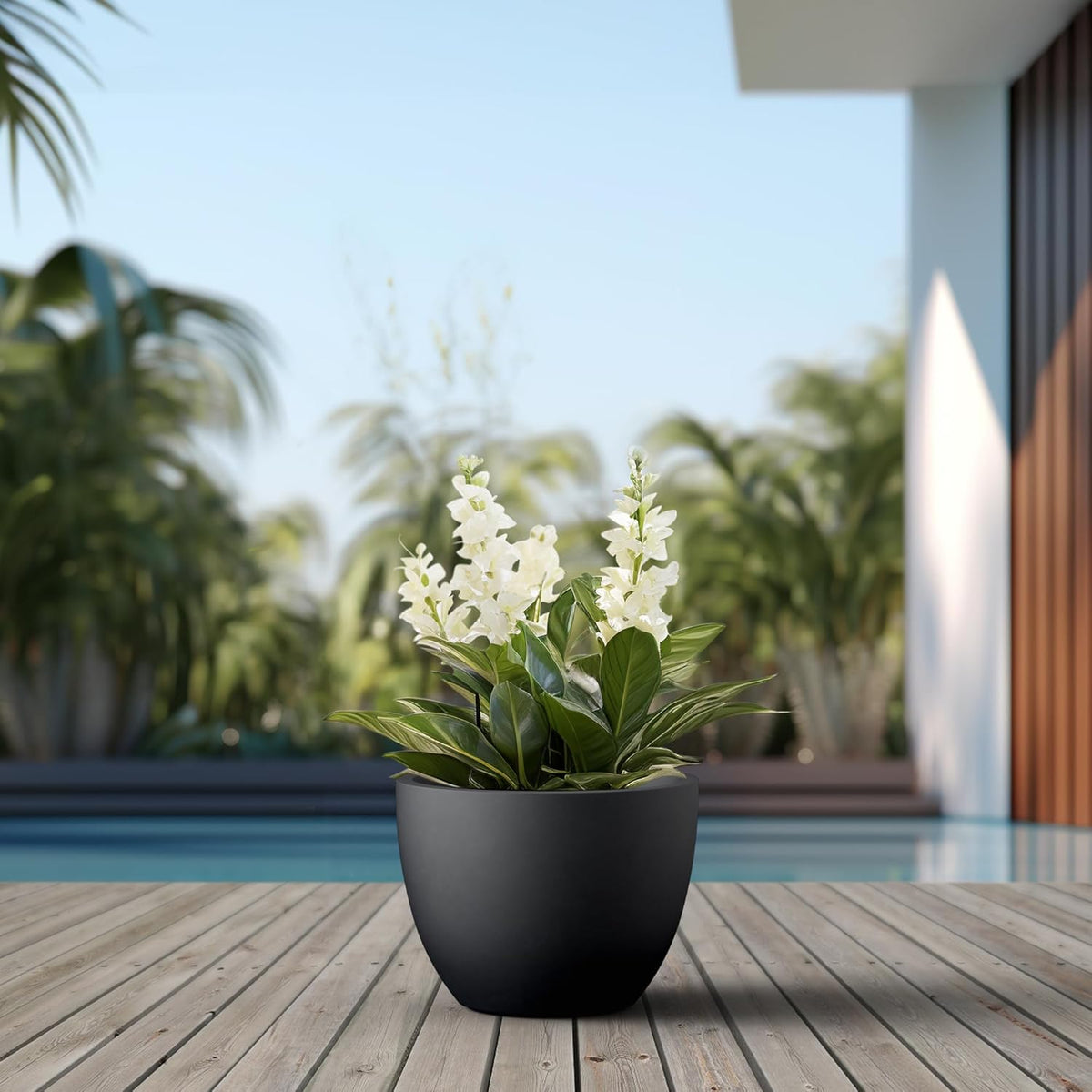 Kante 14.2 Inch Round Concrete Planter - Classic Large Indoor/Outdoor Plant Pot with Drainage Hole and Rubber Plug, Suitable for Gardens and Patios, Black
