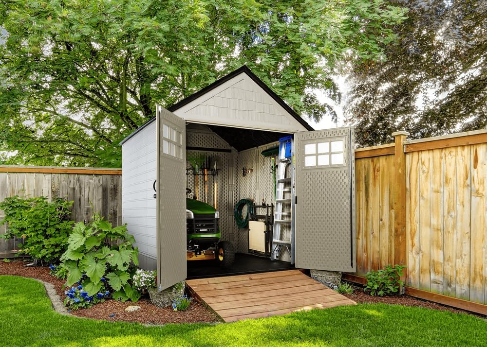 Rubbermaid 7 Foot by 7 Foot Weatherproof Outdoor Storage Shed for Garden Tools and Lawn Machinery Organization with Lockable Double Door Sandstone