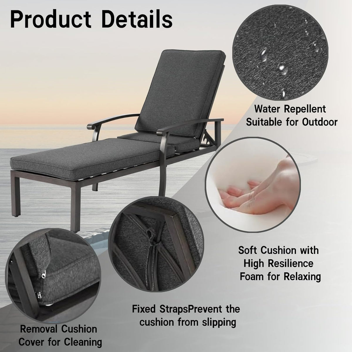 Outdoor Chaise Lounge 3 Pieces Set, 1 Side Table & 2 Aluminum Lounges with 5-Level Adjustable Backrest & Wheels for Poolside, Backyard, Grey Cushion