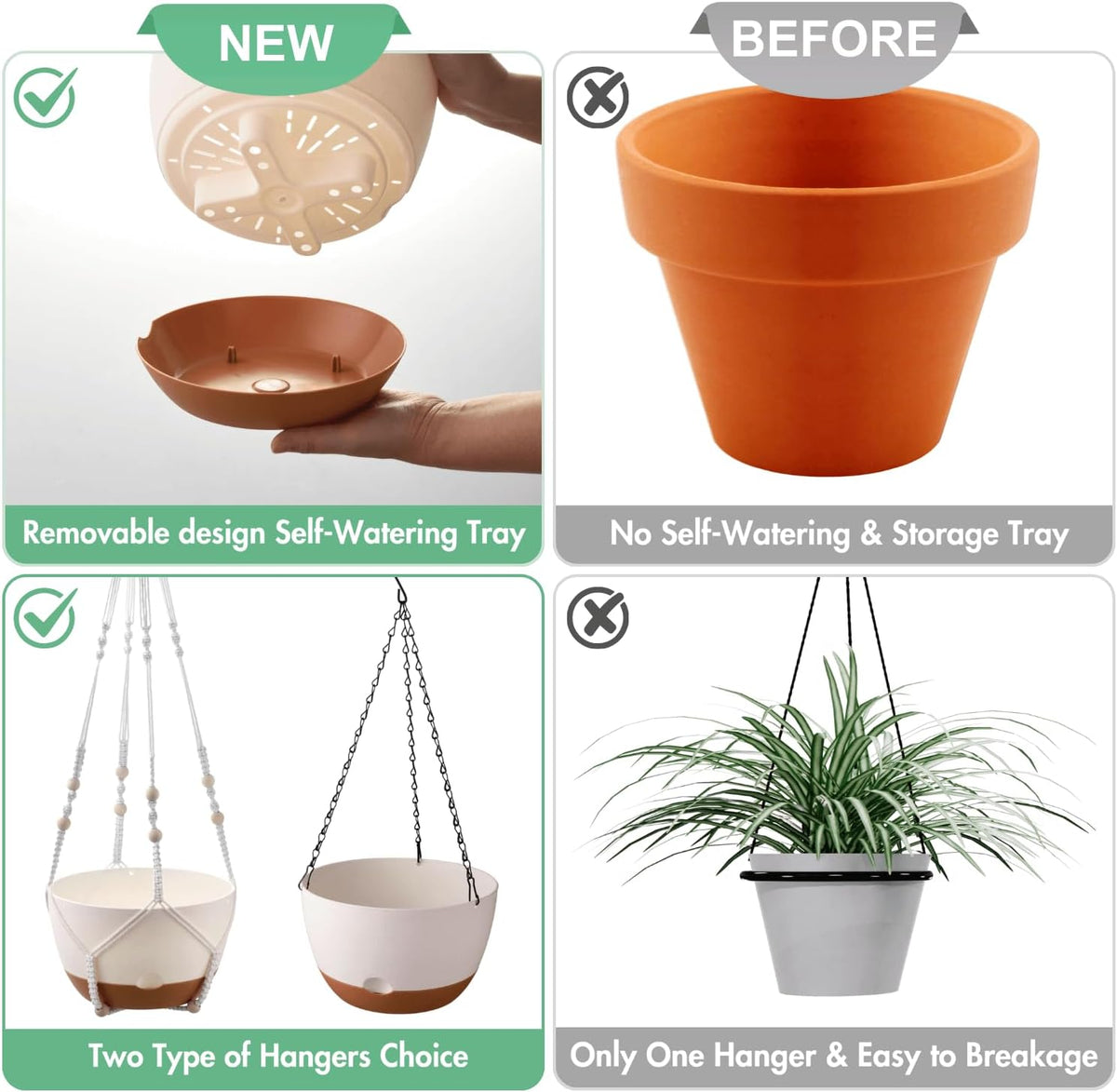 Set of 2-8 Inch Hanging Planters for Indoor Plants with Self-Watering Includes Hanging Pots for Plants, Outdoor Plant Pot with Drainage, and 2 Types of Hanging Baskets Hangers (White)