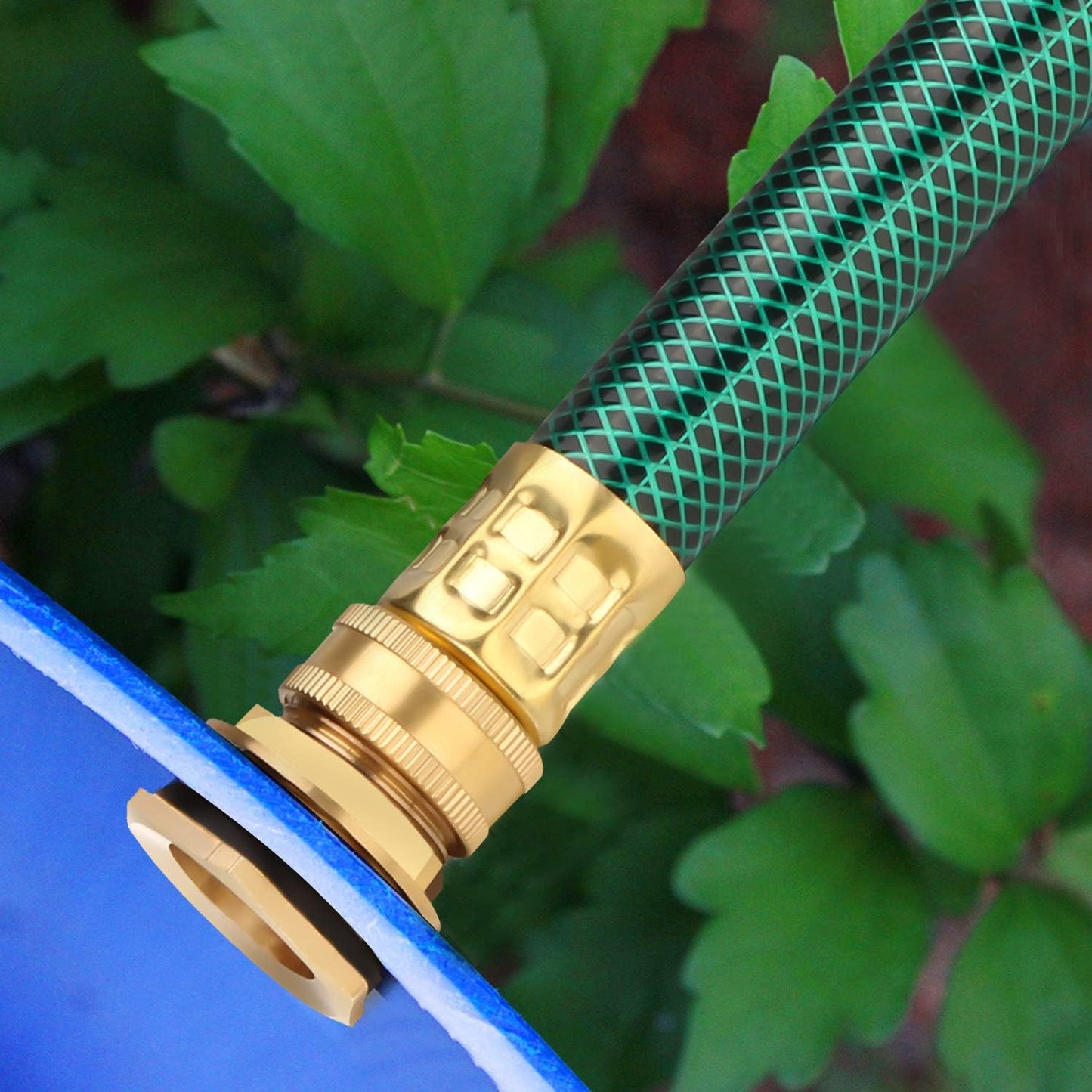 WADEO Rain Barrel Connector Kit Pack of 2, Rain Barrel Linking Kit with Two 12 Inch Hoses and Four Copper Plating Bulkhead Tank Fittings(Green)