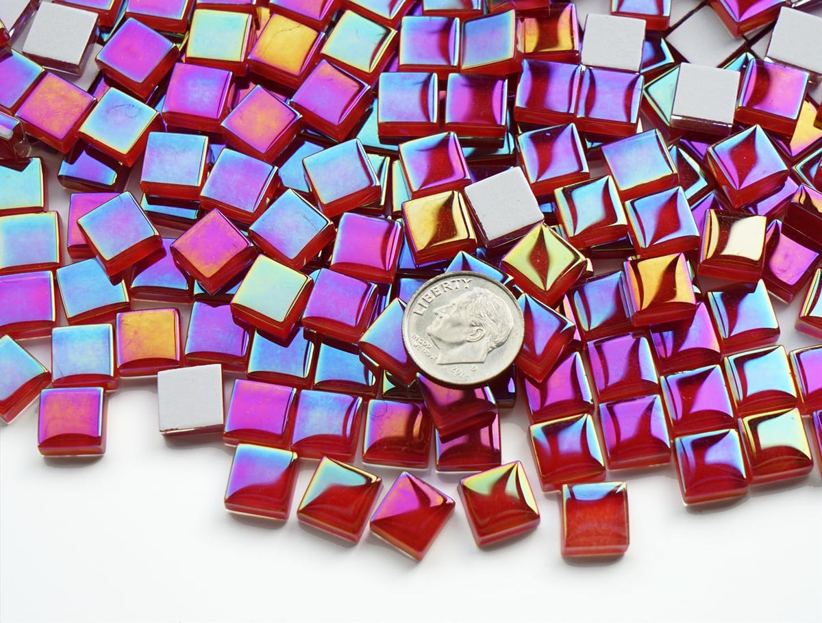 0.66lbs Ruby Red Iridescent Mosaic Tiles, 3/8" Square Glass Pieces With Smooth Edges, Ideal for Making Supplies, Small Colored Glass Tiles for DIY Coaster Projects