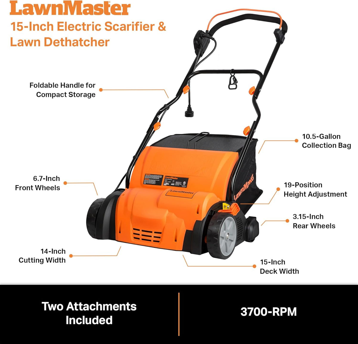 LawnMaster GV1314 Electric 15” 13 Amp Dethatcher and Scarifier