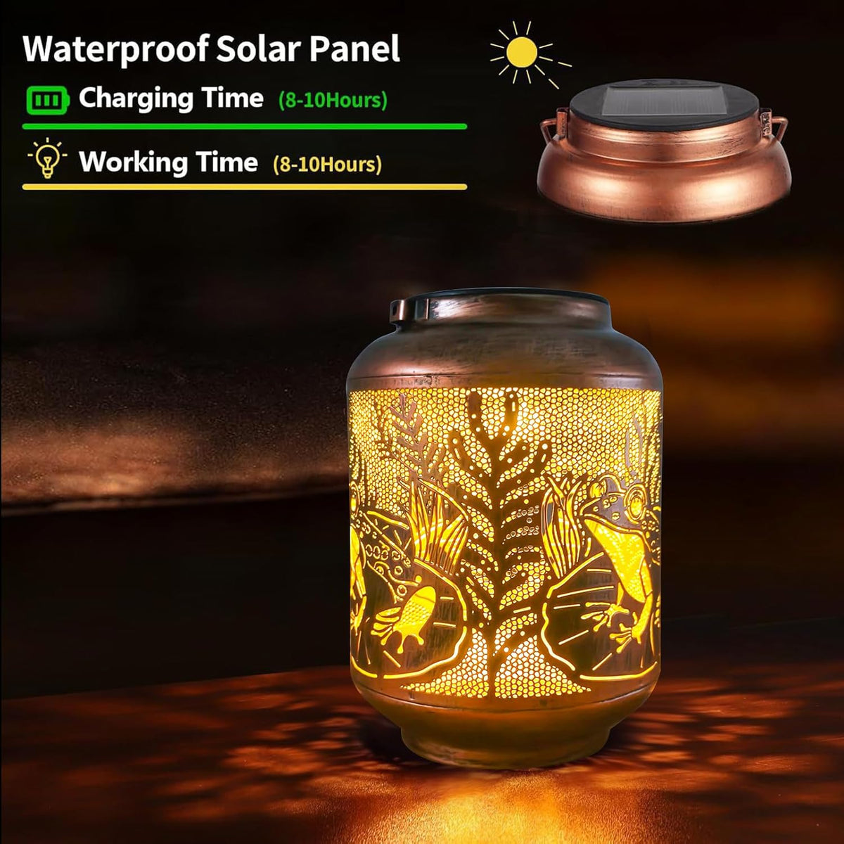 Frog Outdoor Solar Waterproof Light Retro Wrought Iron Hollow LED Light, Waterproof Garden Decorative Light, with Projection Function, Suitable for Balconies, Lawns, and Courtyard Landscapes.