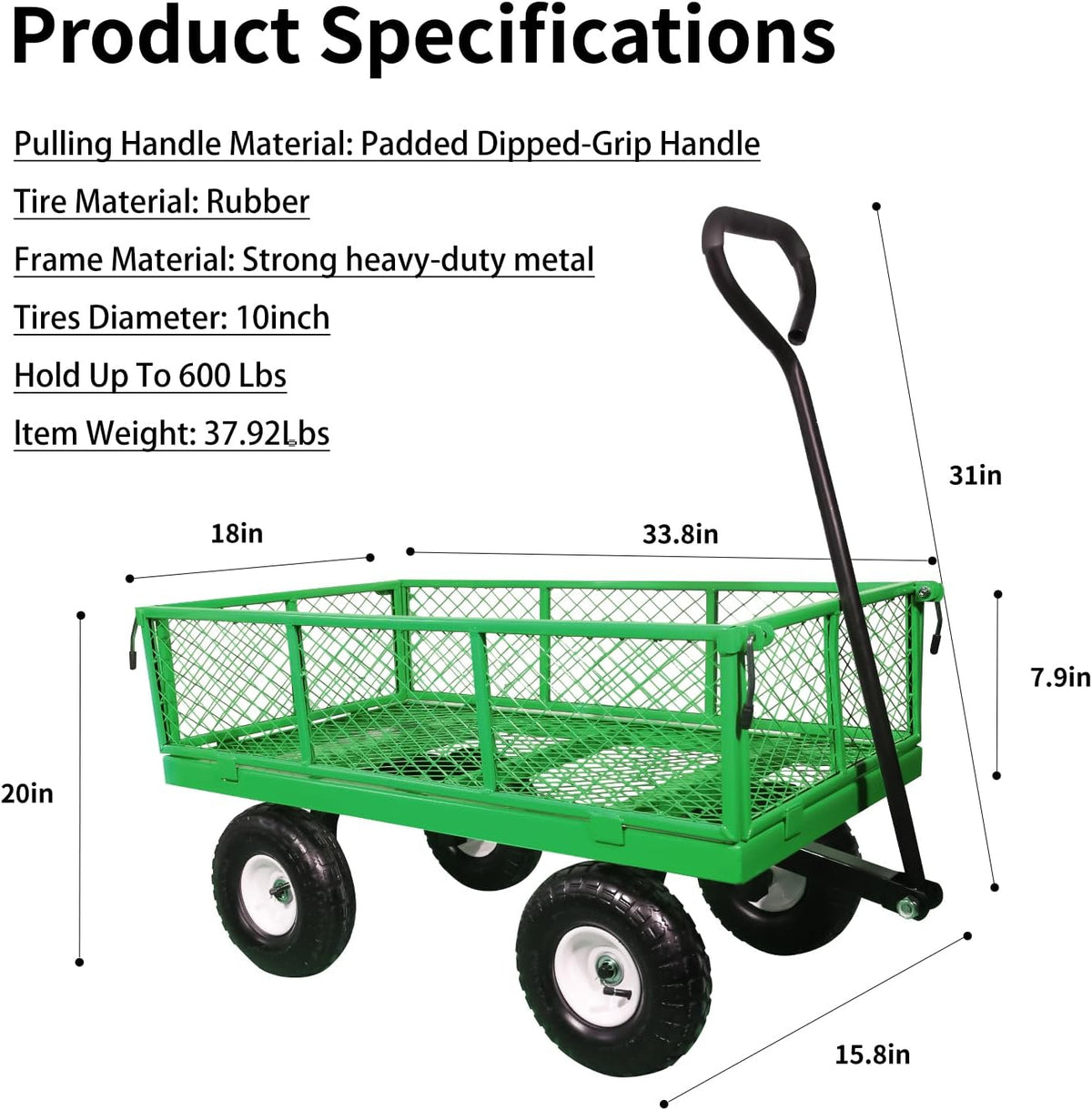 AAIN 600 lbs Metal Garden Cart,Heavy Duty Garden Wagon with Removable Steel Mesh Sides, Utility Yard Cart with 180° Rotating Handle and 10-inch Wheels—Perfect for Gardens, Farms, and Yards, Green