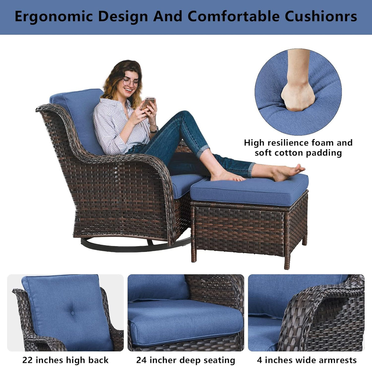 5 Piece Outdoor Patio Furniture Set - Wicker Furniture Patio Conversation Set, Outdoor Swivel Rocker Chairs with 3-Seater Sofa and 2 Ottomans for Small Space, Blue Cushion