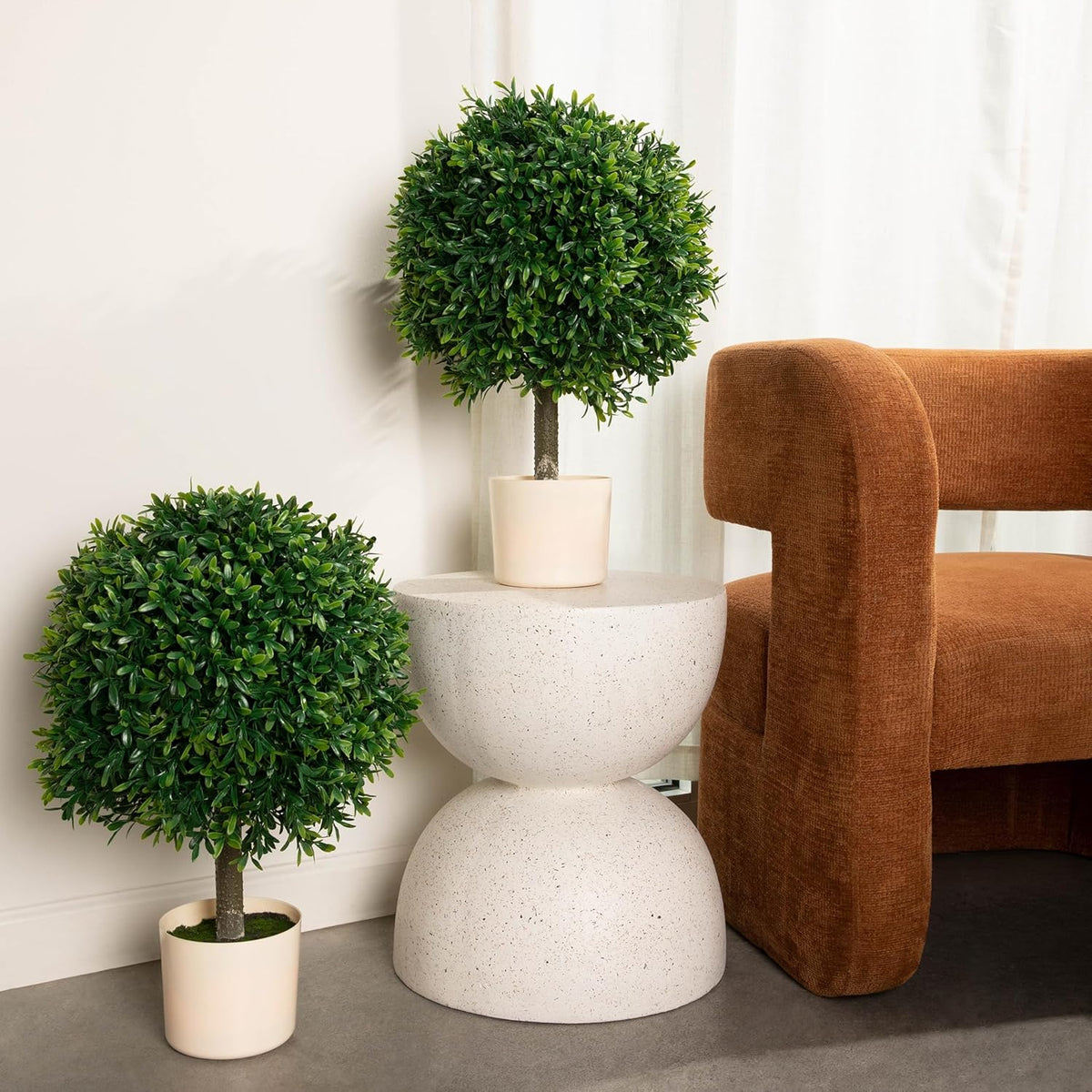 Premium 16" Diameter Artificial Japanese Boxwood Topiary – Set of 2 Faux Plants in Beige Decorative Planters – Realistic, UV-Resistant, Weatherproof Outdoor & Indoor Décor