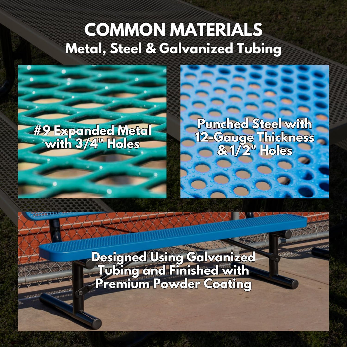 Heavy-Duty Portable Outdoor Bench Thermoplastic Coated, Expanded Metal, Commercial-Grade Seating, Made in America (Portable Without Back, 6 Ft, Textured Dark Green)