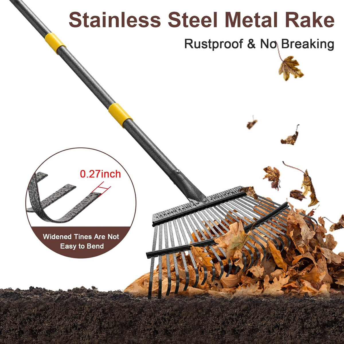 Metal Garden Rake, 6FT Rake for Leaves Lawns, 25 Metal Tines 18 inch Wide with Adjustable Handle Heavy Duty Yard Leaf Rakes for Gardening