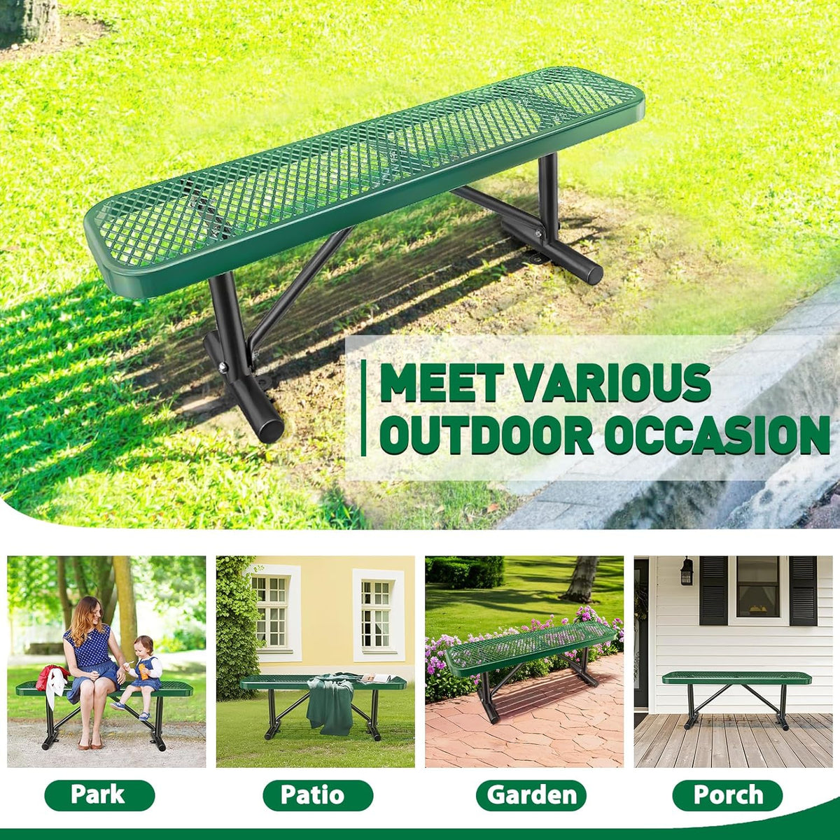 Thermoplastic Coated Iron Park Bench for Outside, Heavy Duty Metal Garden Bench, Expanded Commercial Grade Seating for Shopping Malls, Lawn Yard Porch Entryway (Green without Backrest, 48IN)