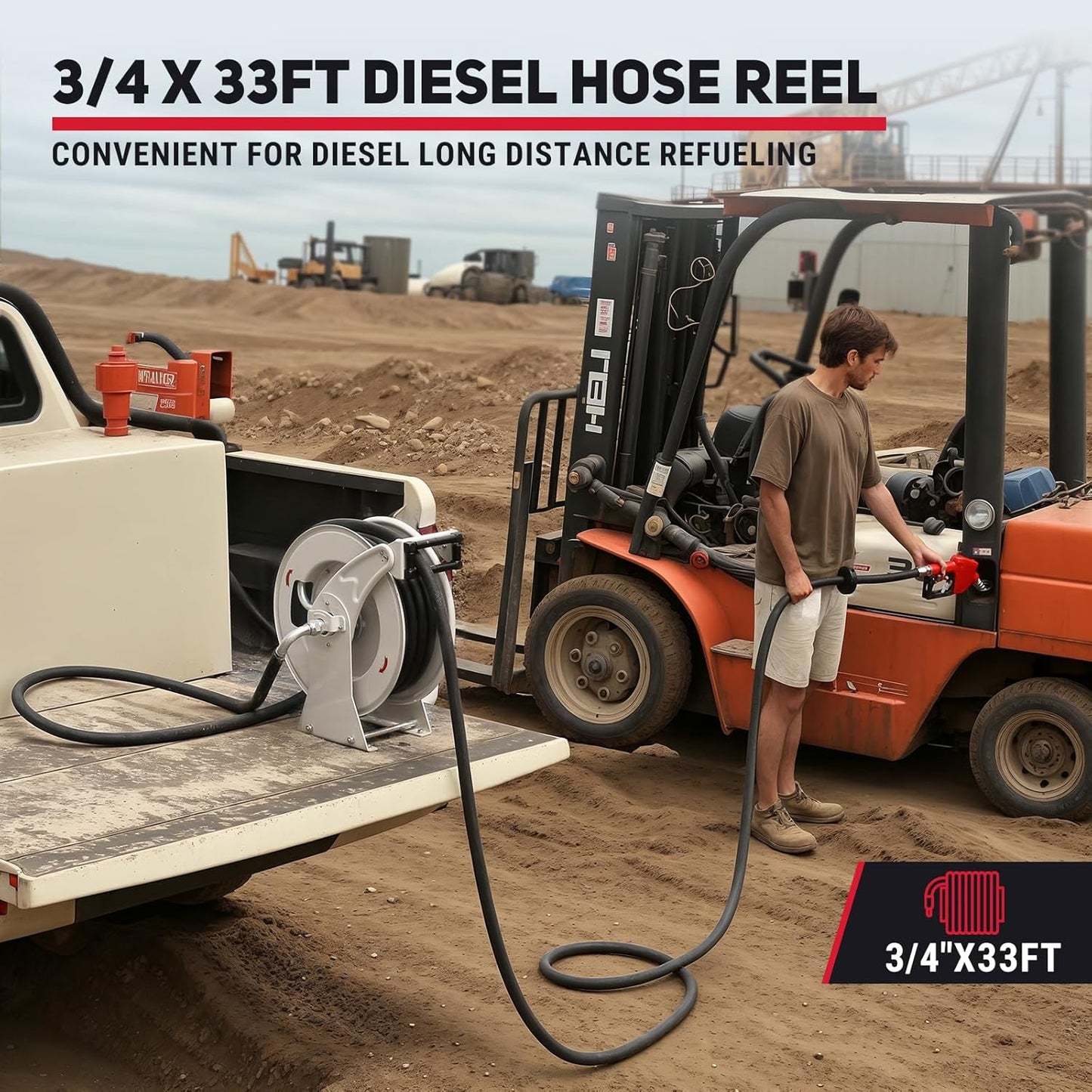 Fuel Hose Reel, 3/4" x 33FT Retractable Hose with Refueling Nozzle, 300 PSI Heavy-duty Steel Construction, Diesel Fuel Kerosene Reel Used for Aircraft Ship Vehicle Tanker Truck
