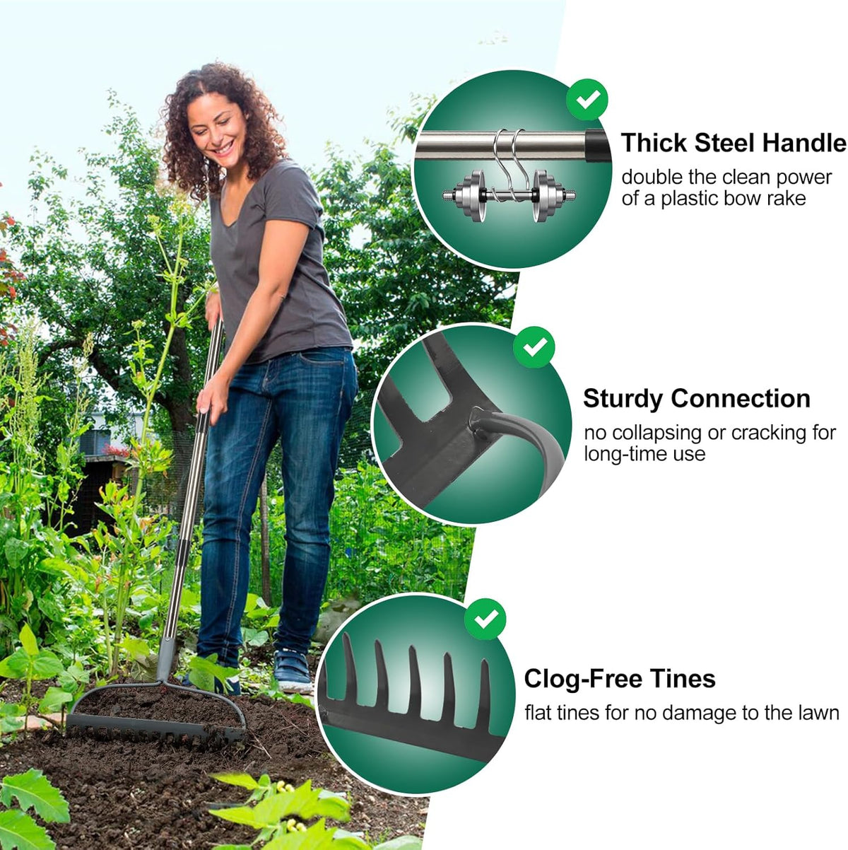 Rake for Leaves, Garden Bow Rake for Lawns Heavy Duty, 5 ft Back-Saving Long Handle, 14 Metal Tines, Yard Gardening Tools for Loosen Soil, Clear Gravel Grass Rock, Level Mulch
