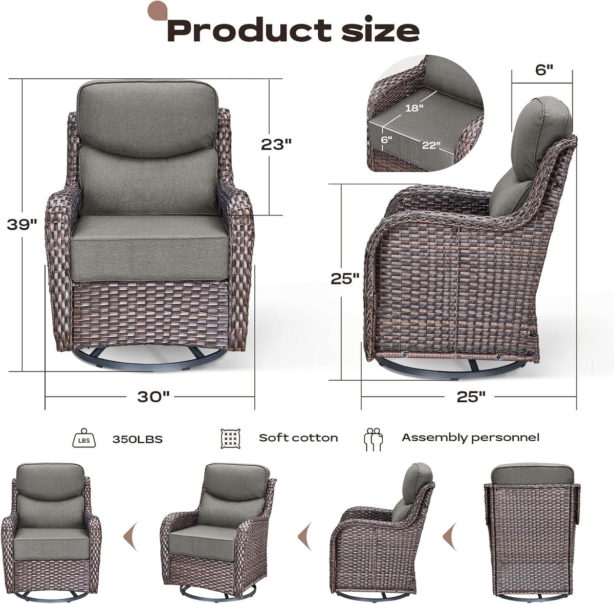 4 Piece Outdoor Patio Swivel Rocker Chairs, Waterproof Wicker, High Back, Deep Seating, Wide Armrest, Upgraded 6 inch Thick Cushions, Ideal for Deck Porch Backyard, Brown/Grey