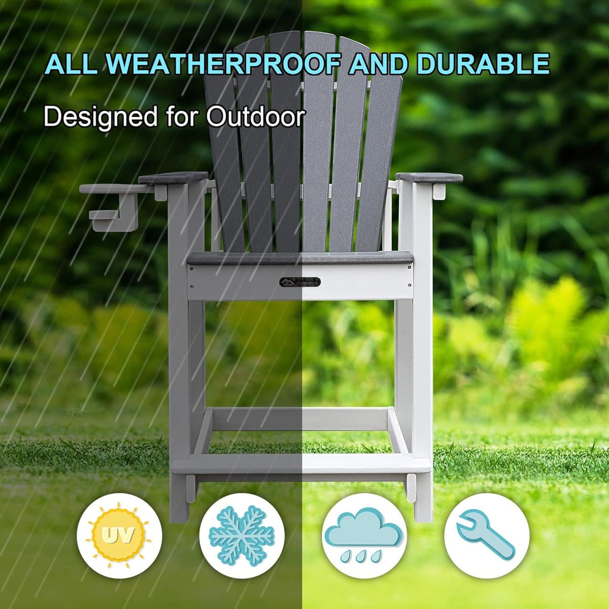 Tall Adirondack Chairs Set of 2, Adirondack Barstools, Weather Patio Garden Pool Fire Pit Balcony Outdoor Bar Stools HDPE Plastic Barstools with Backs for Garden, Backyard, Yard (Grey)