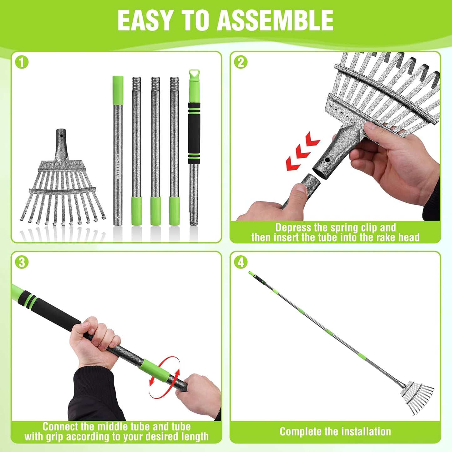 WORKPRO Rake, Small Rake for Leaves with 72” Adjustable Long Handle, 11 Steel Tines, Heavy Duty Metal Leaf Rakes for Garden, Lawn, Yard, Shrub, Flower Bed, Narrow Rakes 9" Wide Head for Tight Spaces