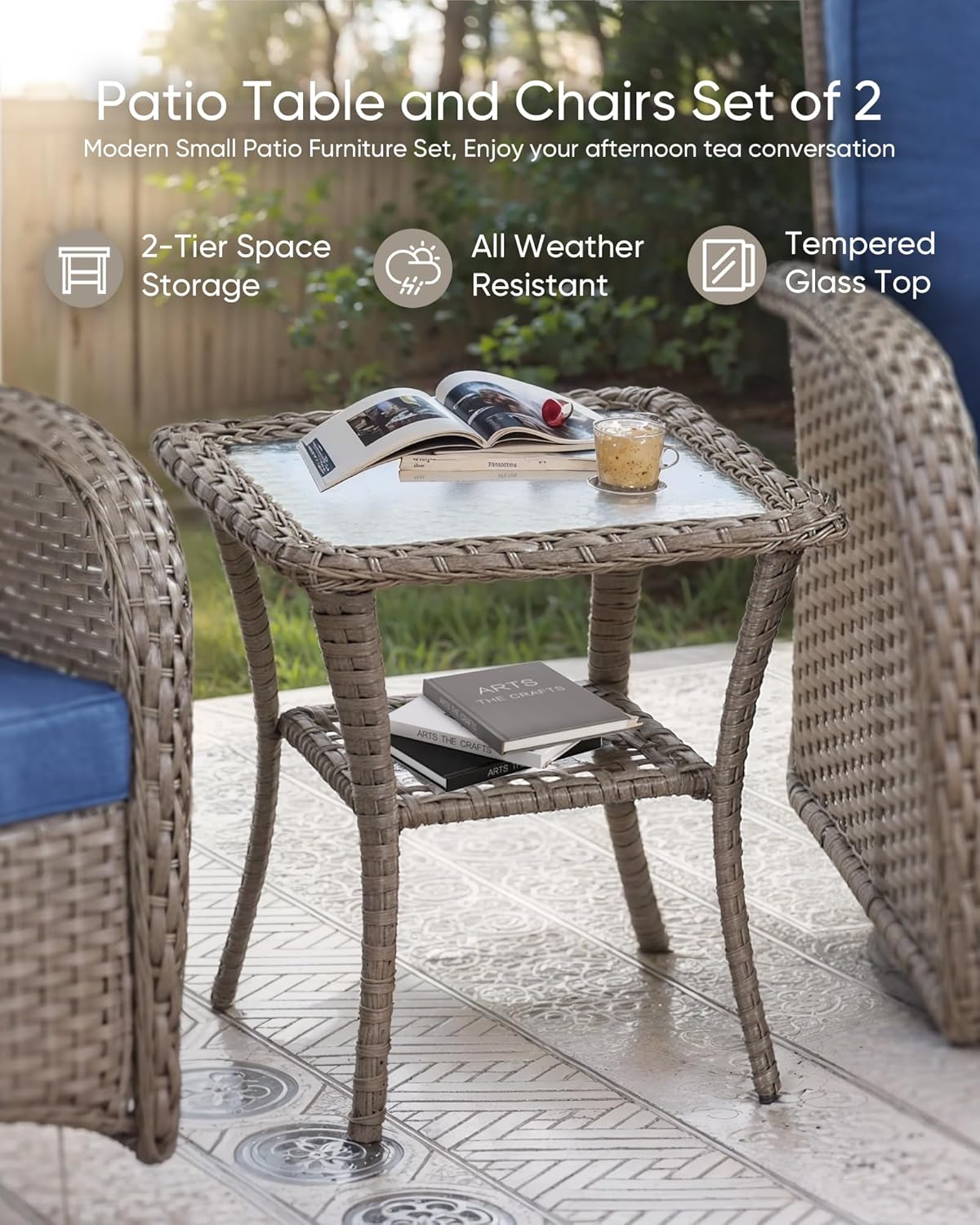HUMMUH 6 Pieces Patio Furniture Set-Patio Glider Loveseat with Rattan Outdoor Swivel Chairs Outdoor Conversation Furniture Sets for Deck Lawn Porch Balcony Poolside-Grey/Blue