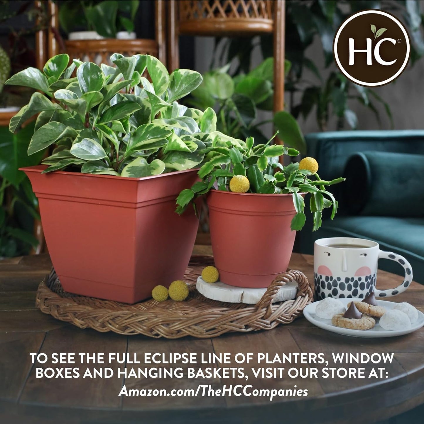 The HC Companies Eclipse Round Planter with Saucer - Outdoor & Indoor Plant Pot with Drainage Holes - Lightweight, UV-Resistant Plastic Pots for Plants, Flowers & Herbs (6” Cottage Stone, Pack of 1)